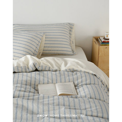 造卧zwow韩系立体肌理蓝色条纹小清新纯棉100全棉四件套2026新款