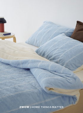 造卧zwow【布雷蓝】仿兔绒冬季浅蓝白条纹柔软保暖床单床笠四件套
