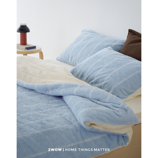 造卧zwow【布雷蓝】仿兔绒冬季浅蓝白条纹柔软保暖床单床笠四件套