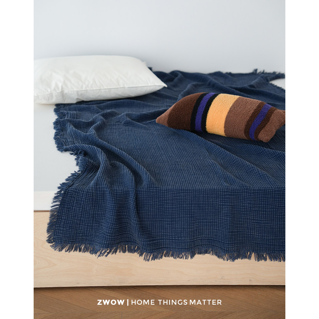 造卧zwow复古中古风皱皱纱全棉古法水洗蓝色多功能盖毯沙发毯子