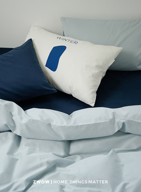 造卧zwow北欧风高支长绒棉贡缎磨毛蓝色拼色纯色100全棉四件套男