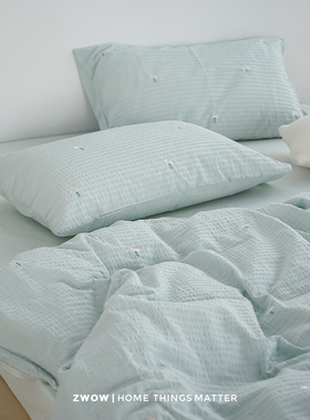 造卧zwow秋冬薄荷水蓝绿色兔子刺绣泡泡纱全棉纯棉床单床笠四件套