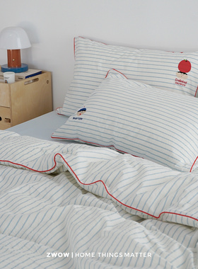 造卧zwow&大林男孩联名款原创设计蓝条纹刺绣卡通撞色全棉四件套