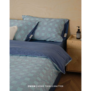 造卧zwow【马赛蓝格】全棉新中式提花条纹中古风床单被套四件套