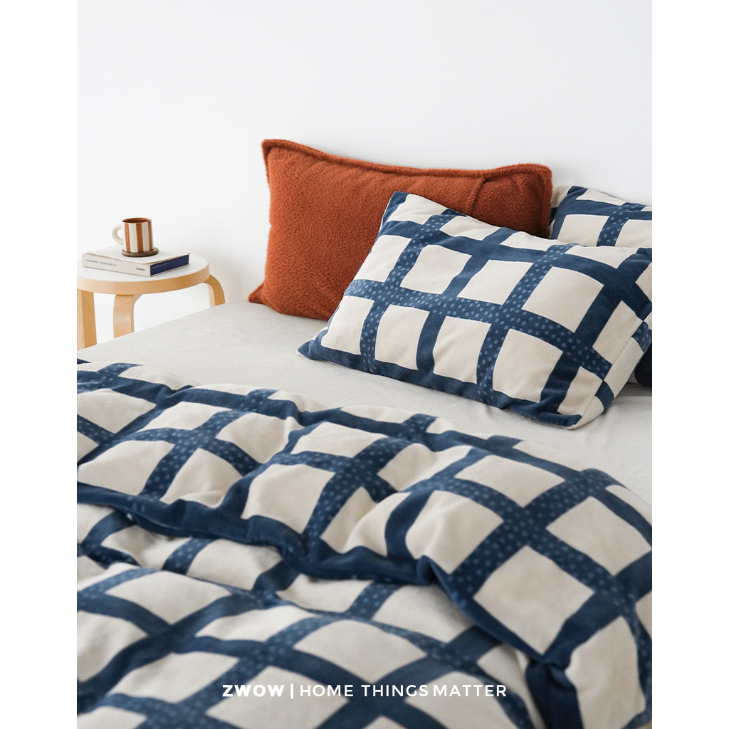 造卧zwow冬季保暖牛奶绒藏青蓝格子米灰诧寂中古风床单被套四件套