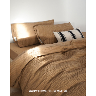 造卧zwow塔克条纹全棉提花咖棕色美拉德摩卡慕斯床单被套四件套件