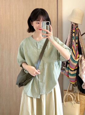 日杂风松弛感宽松显瘦不规则上衣女夏季新款百搭通勤气质格子衬衫