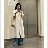 新款 日系松弛感叠穿衬衫 连衣裙女夏季 棉麻暗花慵懒风小个子中长裙