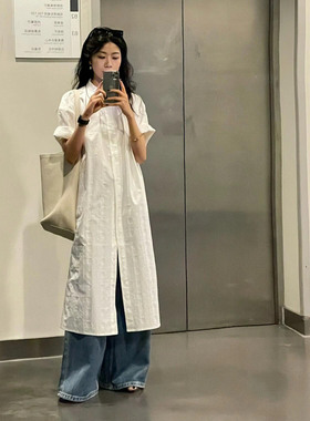 日系松弛感叠穿衬衫连衣裙女夏季新款棉麻暗花慵懒风小个子中长裙