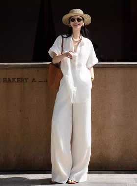 日系松弛感复古老钱风棉麻套装夏季新款白色短袖衬衫休闲裤两件套