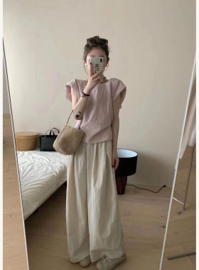 设计感日系棉麻粉色飞飞袖短袖女