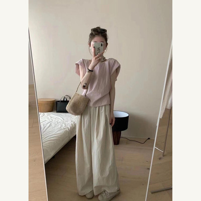 设计感日系棉麻粉色飞飞袖短袖女