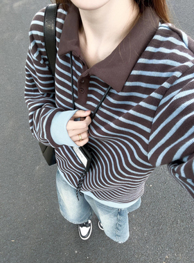 美式复古学院风条纹撞色翻领毛衣女秋冬季新款软糯针织衫套头上衣