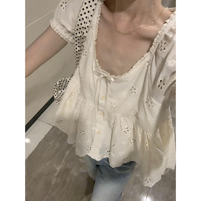韩系甜辣重工花边刺绣娃娃衬衫夏