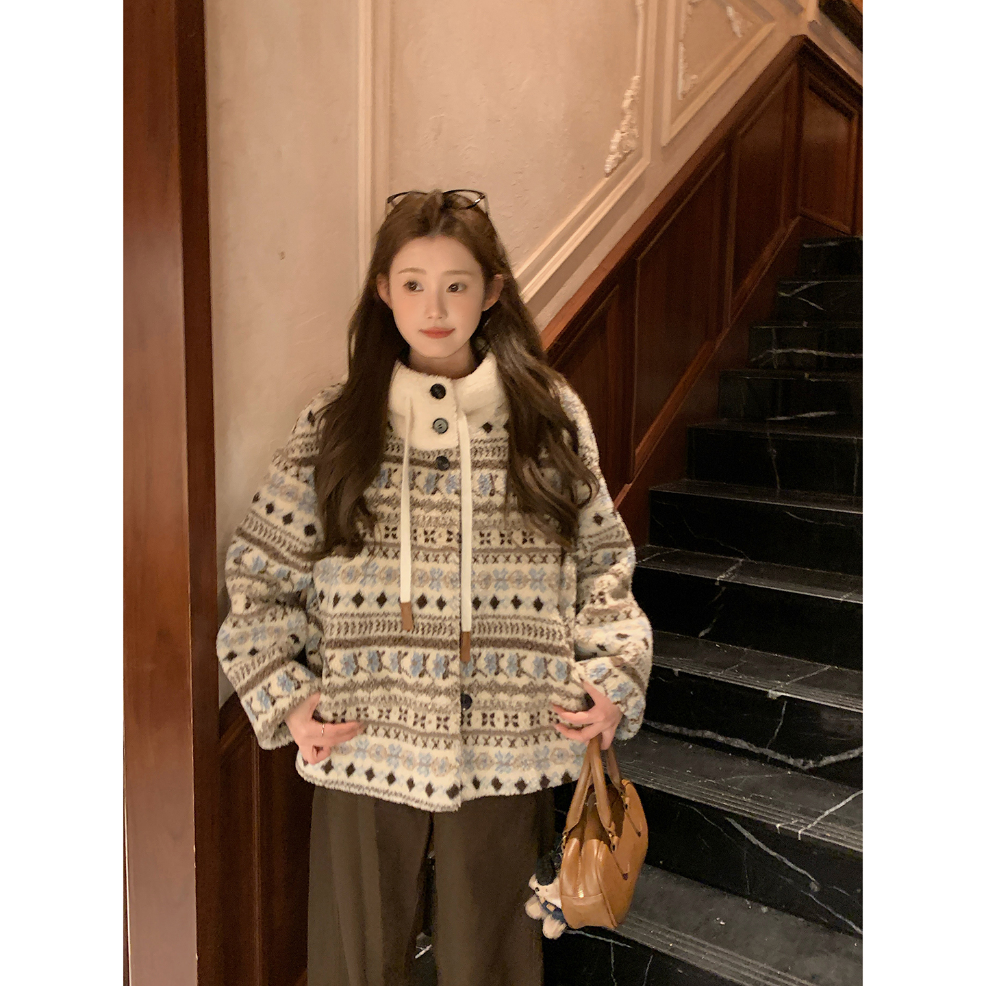 秋冬氛围感费尔岛羊羔毛连帽外套