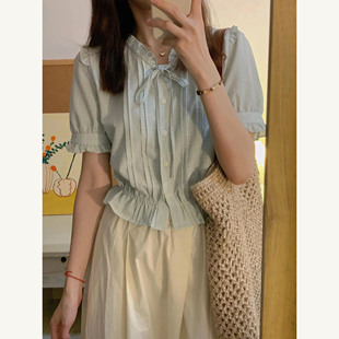 薄荷曼波穿搭女木耳边褶皱浅绿色衬衫女夏新款小香风显瘦小衫上衣
