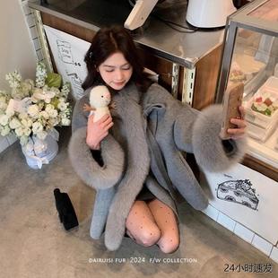 Queen双面羊毛狐狸毛领双面呢斗篷大衣女秋冬新款 毛呢外套新款