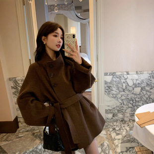 立领驼色双面羊绒大衣女2025冬季新短款高级感羊毛复古风毛呢外套