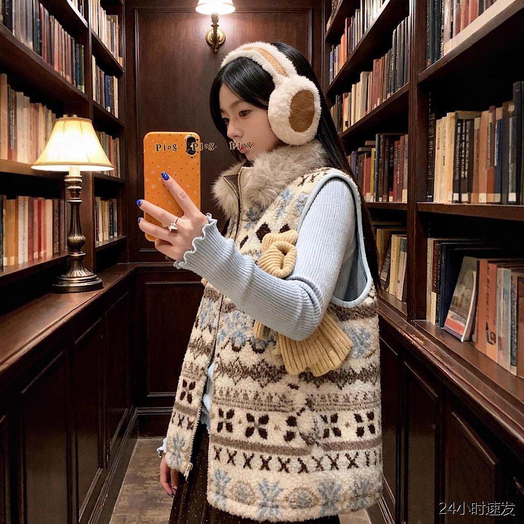 Queen费尔岛毛领马甲背心2025冬季新款复古学院毛绒茸无袖外套女9