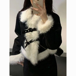 Queen雪域公主  韩系小香风设计感千金风毛领黑色外套半身长裙两