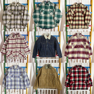 vintage古着羊羔加绒格子外套毛呢港风日系夹克阿美咔叽棒球服JK4