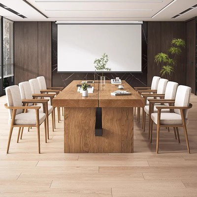 原木大板会议桌简约现代大型办公桌子实木长条洽谈桌椅组合工作台
