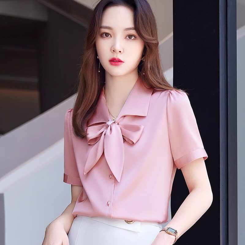 粉色衬衫女2025新款夏季短袖雪纺衫上衣高级感气质职业装白衬衣