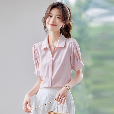 粉色短袖衬衫女2025夏季新款高级感通勤职业装衬衣小个子雪纺上衣