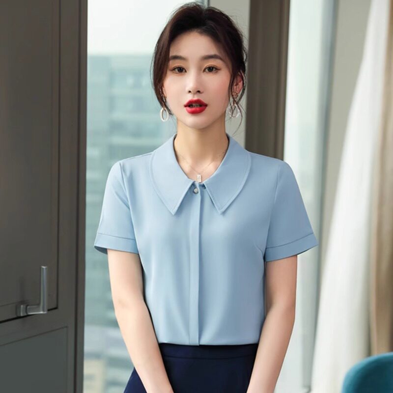 雪纺衬衫女短袖夏季2025新款职业套装设计感小众上衣娃娃领衬衣夏