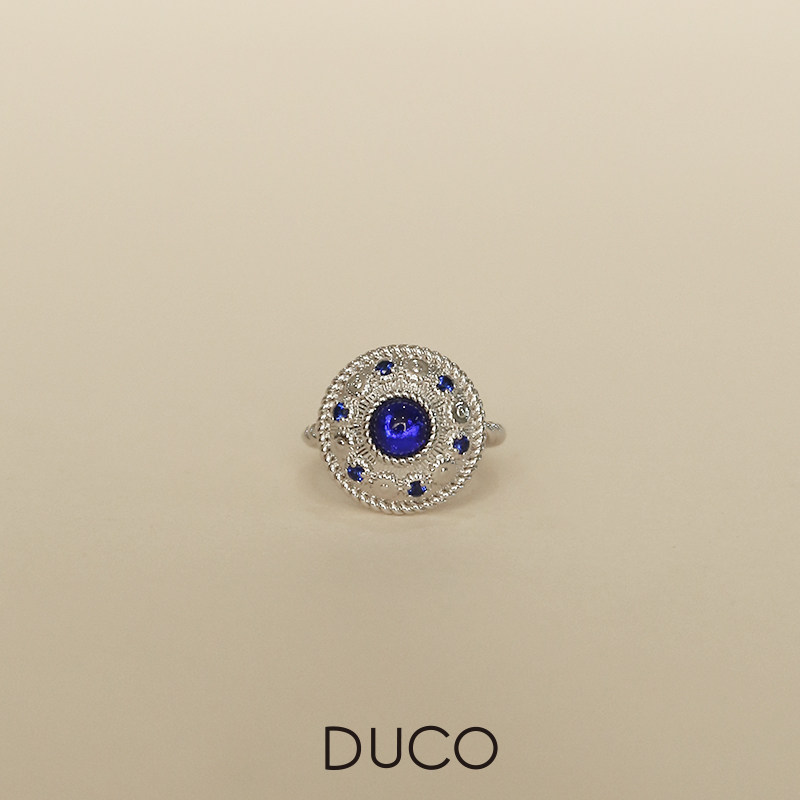 DUCO 圆片系列花朵纹理戒指蓝色宝石轻奢气质款优雅轻奢食指环