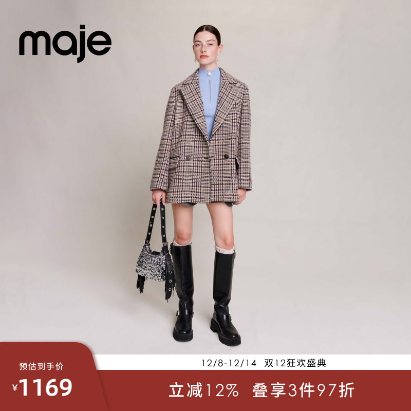 Maje优雅格纹开衩宽松西装外套
