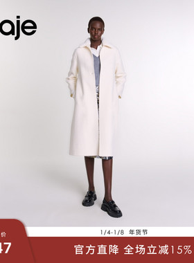 Maje Outlets秋冬女装松绒风羊毛混纺白色翻毛领长款毛呢大衣外套