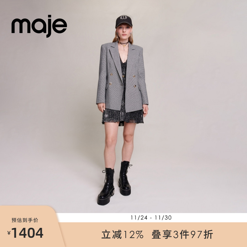 Maje千鸟格双排扣西装外套