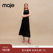 Outlets女装 法式 时尚 Maje 黑色露背刺绣花朵长款 收腰针织连衣裙