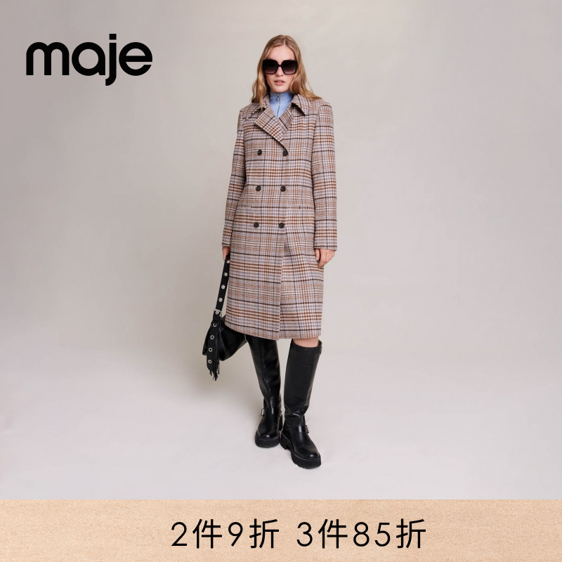 Maje混色格纹长款外套上衣
