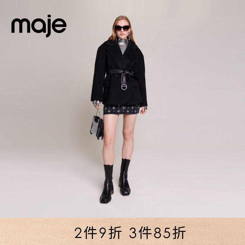 Maje系带黑色毛呢外套上衣