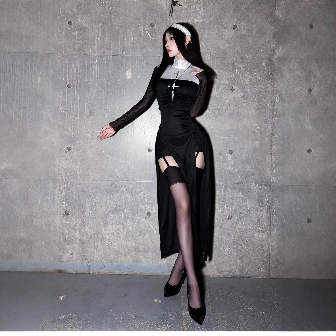 新款万圣节成人性感修女服十字护士哥特风暗黑cosplay角色扮演服