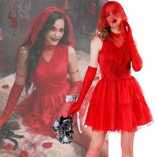 万圣节红色婚纱鬼新娘短裙阴间大法师扮演服装cosplay密室鬼屋装