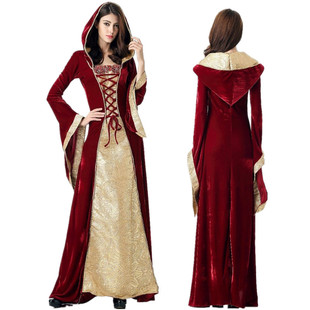 新款欧洲复古宫廷连帽长裙中世纪女王皇后礼服万圣节舞台演出服装