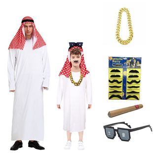 成人儿童中东土豪服装阿拉伯迪拜王子白长袍红头巾派对表演舞台服