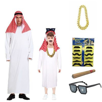 成人儿童中东土豪服装阿拉伯迪拜王子白长袍红头巾派对表演舞台服