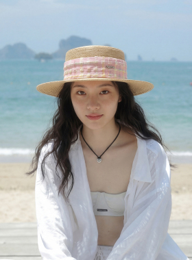 海边度假沙滩帽格纹织带草编平顶草帽女夏季出游防晒帽优雅小礼帽