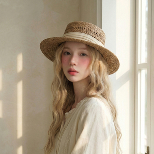 法式 英伦优雅小礼帽户外出游遮阳帽搭配防晒帽 气质编织草帽女夏季