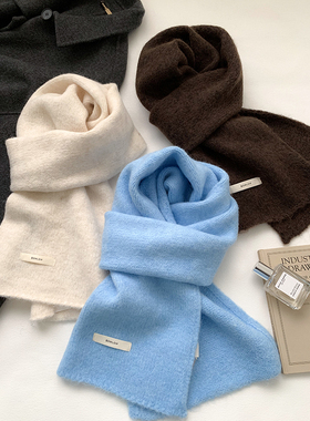 日系简约纯色针织围巾女冬季长款羊毛混纺防风保暖围脖男情侣学生