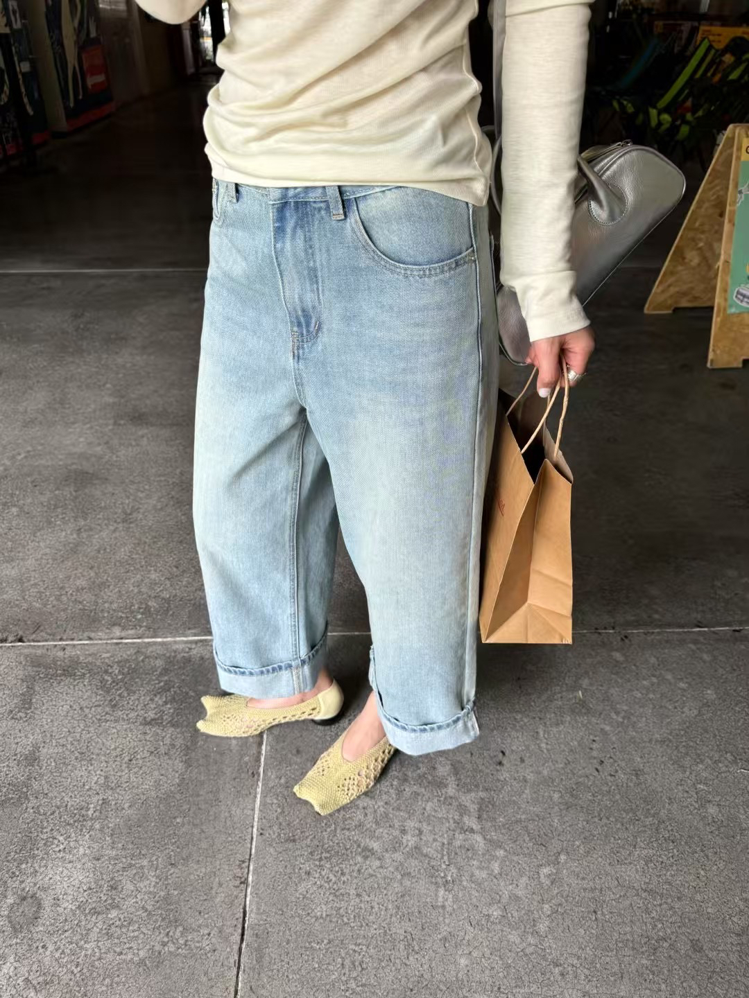 INchooseu洗水卷边牛仔裤宽松