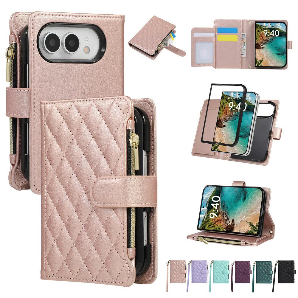牛皮菱格纹适用苹果iPhone Duo折叠屏手机壳多功能拉链零钱包18ultra轻奢中轴带前框18fold小香风斜跨可背壳