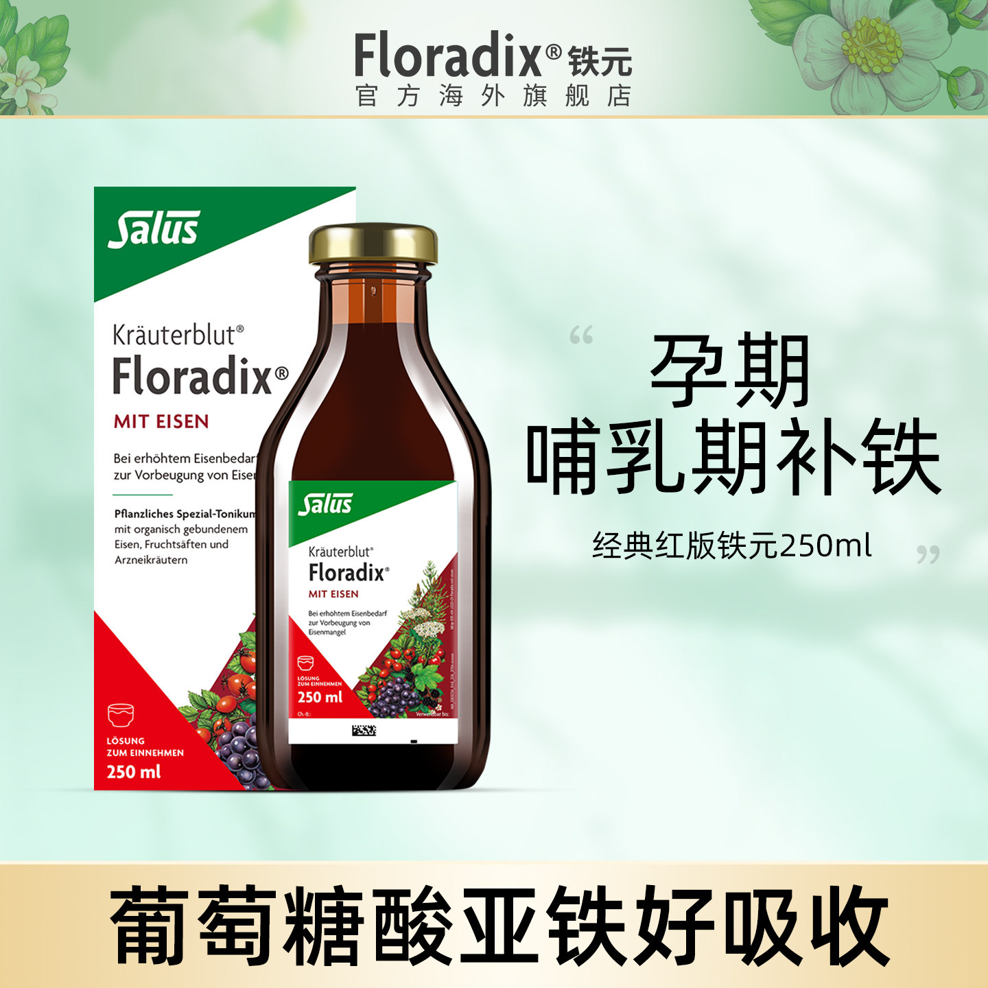 Floradix 德国铁元补铁铁剂女生调气养血调气虚血亏营养品250ml