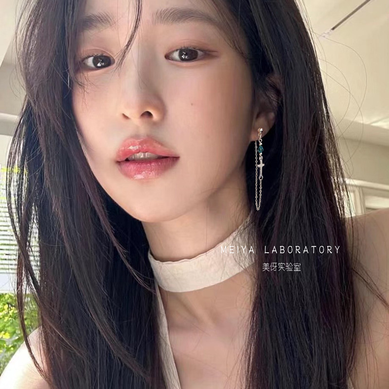 原创设计不对称随形长款十字架流苏耳环个性手作蓝色耳钉森系耳饰