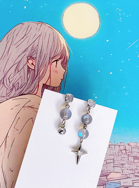星星月亮月光石925银长款耳环