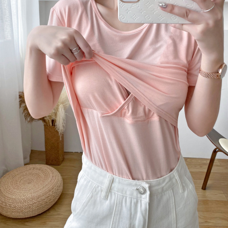 哺乳上衣外出短袖t恤夏季薄款莫代尔喂奶衣免穿文胸带胸垫月子服
